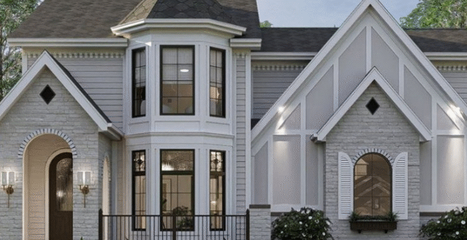 Victorian mansion exterior with ornate detailing, large windows, and steep gabled roof